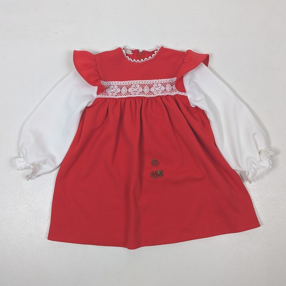 Vintage Encore Dress Girls Size 4T Red Long Sleeve Polyester 70s Boho
